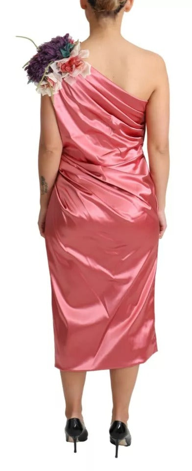 Robe Midi Drapée Rose avec Appliqué Floral Dolce & Gabbana