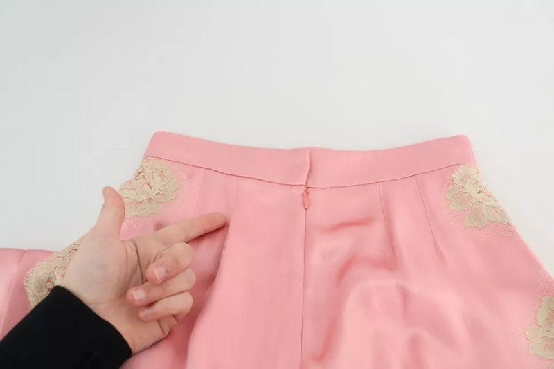 Dolce & Gabbana Pink Lace Trimmed Silk Satin Wide Leg Pants