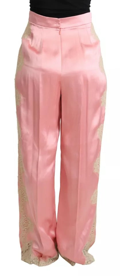 Dolce & Gabbana Pink Lace Trimmed Silk Satin Wide Leg Pants
