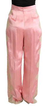 Dolce & Gabbana Pantalon Large Rose en Satin de Soie avec Dentelle