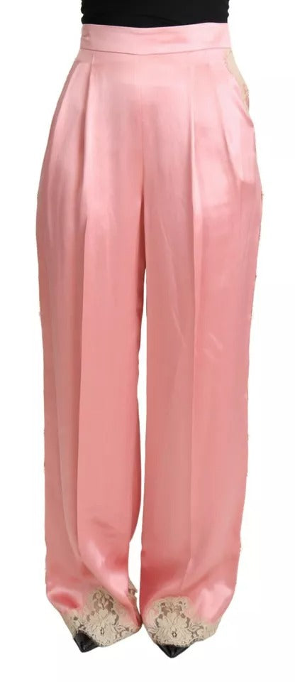 Dolce & Gabbana Pink Lace Trimmed Silk Satin Wide Leg Pants
