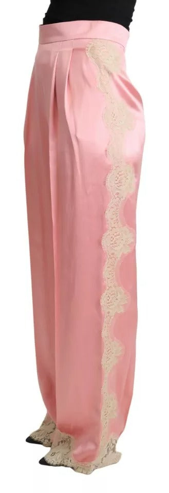 Dolce & Gabbana Pink Lace Trimmed Silk Satin Wide Leg Pants