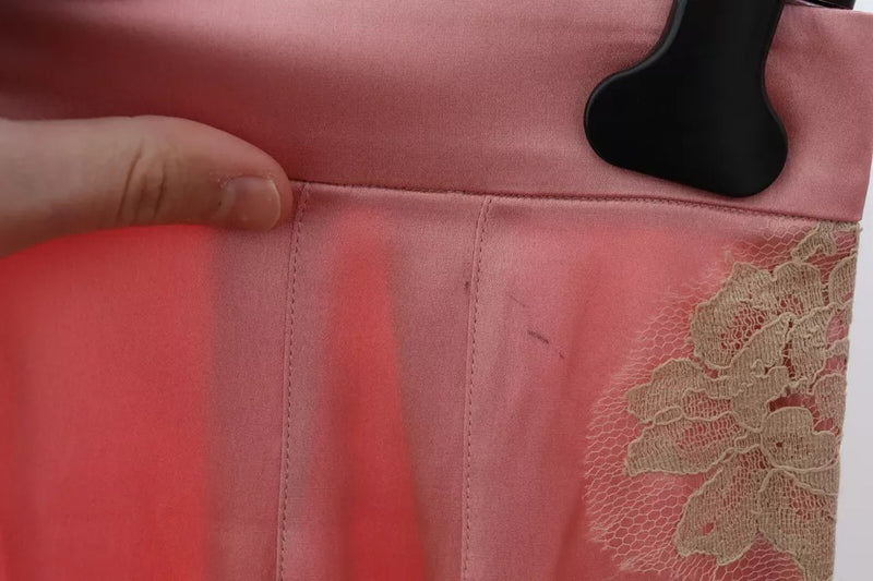 Dolce & Gabbana Pink Lace Trimmed Silk Satin Wide Leg Pants