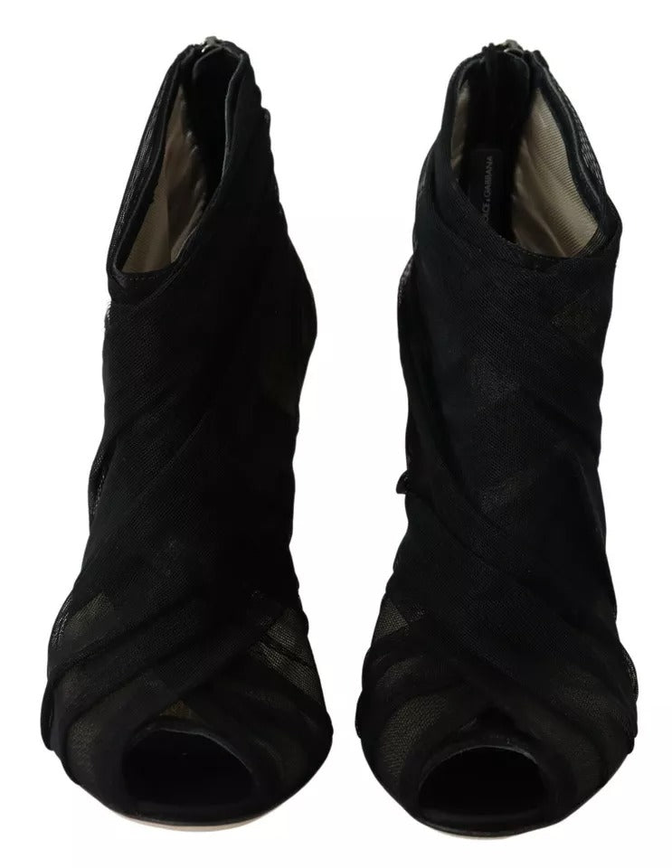 Dolce & Gabbana Black Tulle Ankle Boots with Stiletto Heels