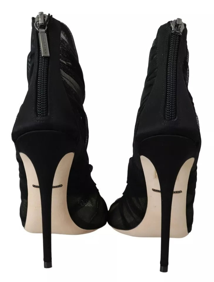 Dolce & Gabbana Black Tulle Ankle Boots with Stiletto Heels