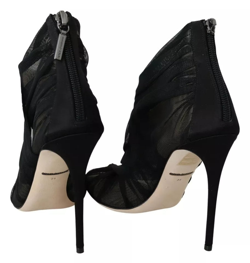Dolce & Gabbana Black Tulle Ankle Boots with Stiletto Heels