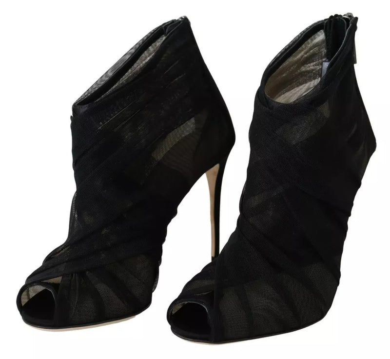Dolce & Gabbana Black Tulle Ankle Boots with Stiletto Heels
