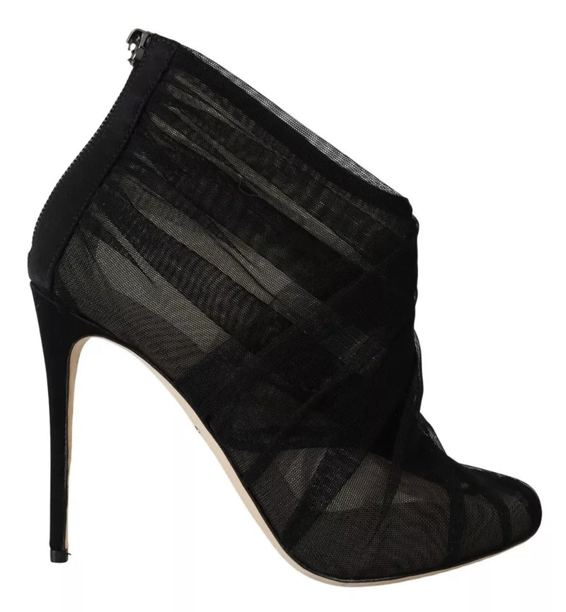 Dolce & Gabbana Black Tulle Ankle Boots with Stiletto Heels