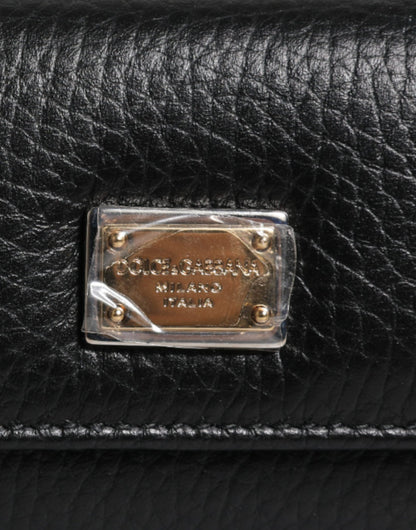 Dolce & Gabbana Zwart Leren Gouden Metalen Logo Plaque Drievoudige Sleutelhanger