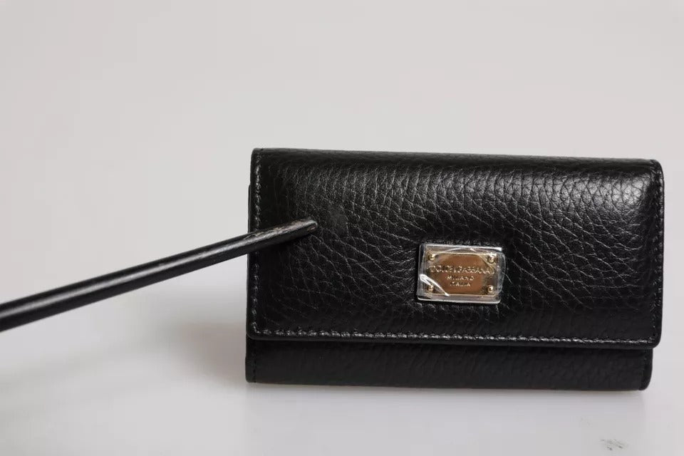 Dolce & Gabbana Zwart Leren Gouden Metalen Logo Plaque Drievoudige Sleutelhanger