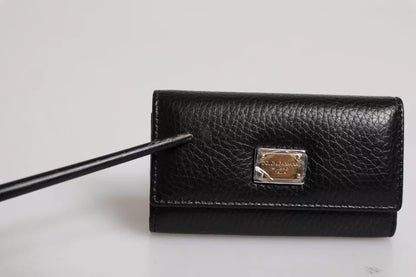 Dolce & Gabbana Zwart Leren Gouden Metalen Logo Plaque Drievoudige Sleutelhanger