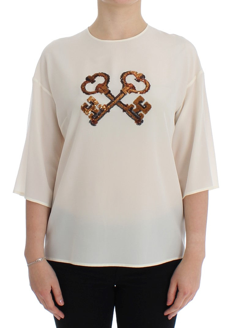 Blouse/Top en soie blanche à paillettes et broderies Dolce &amp; Gabbana