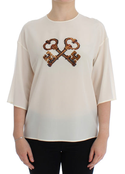 Blouse/Top en soie blanche à paillettes et broderies Dolce & Gabbana