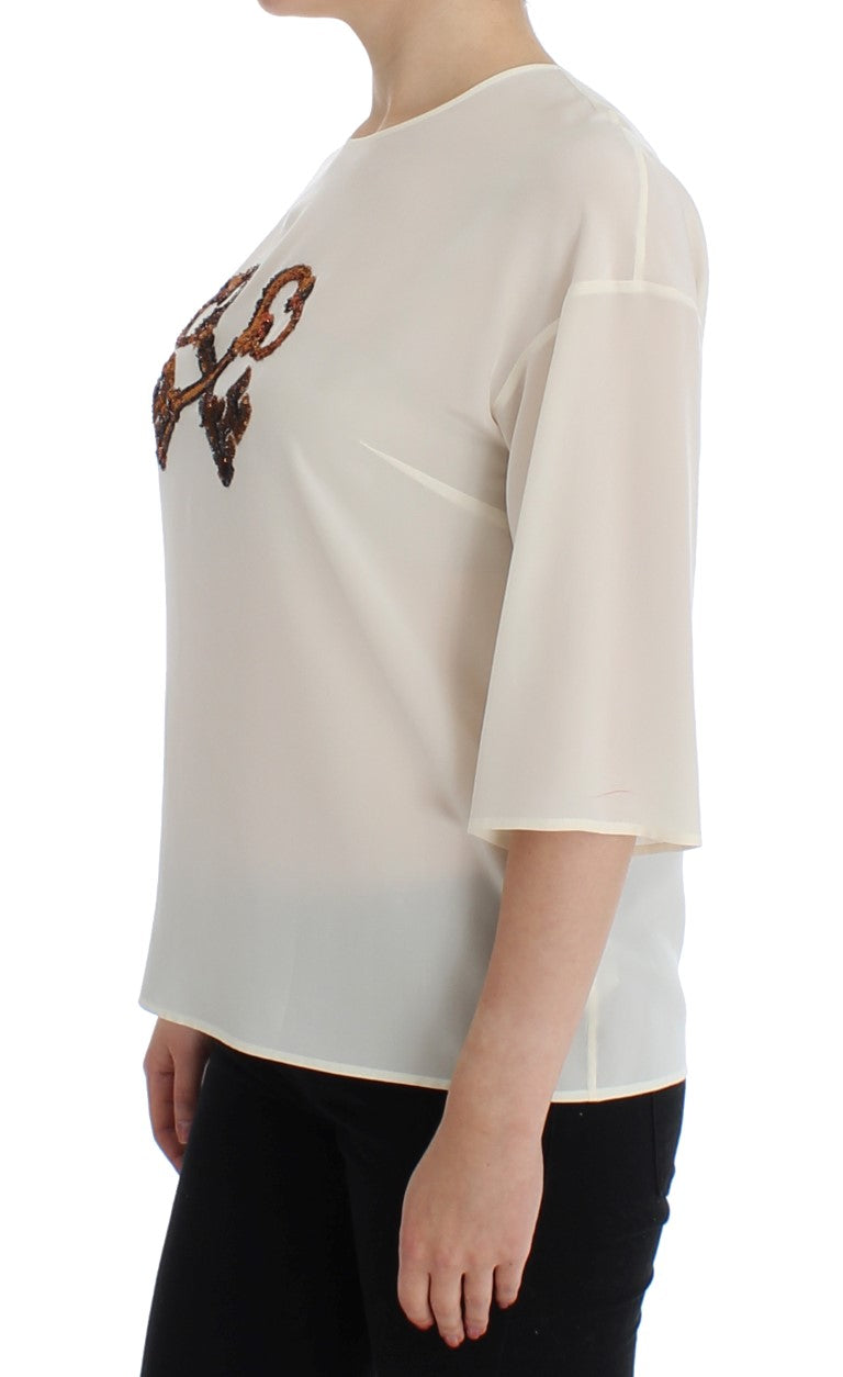 Blouse/Top en soie blanche à paillettes et broderies Dolce &amp; Gabbana