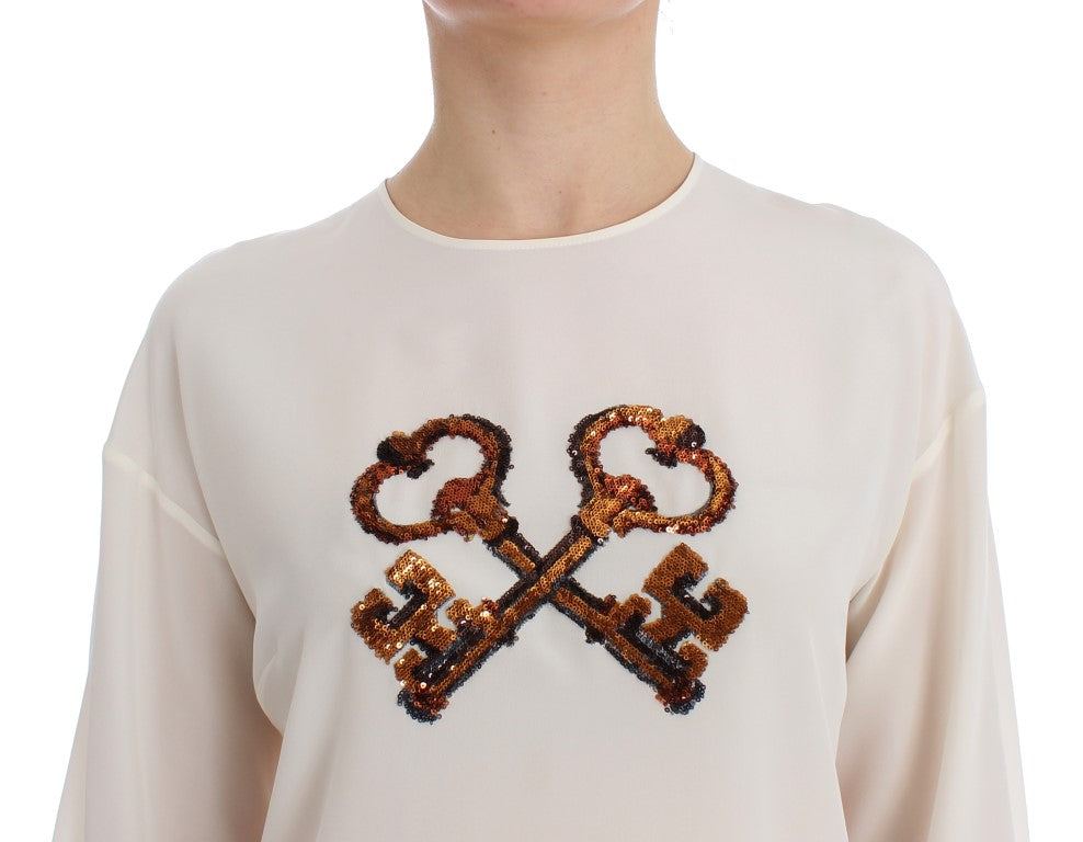 Blouse/Top en soie blanche à paillettes et broderies Dolce &amp; Gabbana