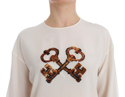 Blouse/Top en soie blanche à paillettes et broderies Dolce & Gabbana