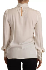 Dolce & Gabbana Top en Soie Off White à Col Roulé à Manches Longues