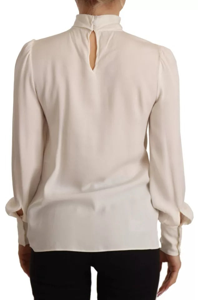 Dolce & Gabbana Top en Soie Off White à Col Roulé à Manches Longues