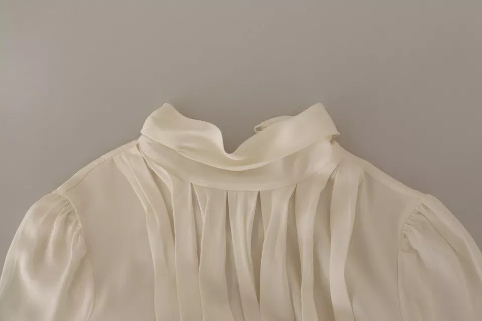 Dolce & Gabbana Top en Soie Off White à Col Roulé à Manches Longues
