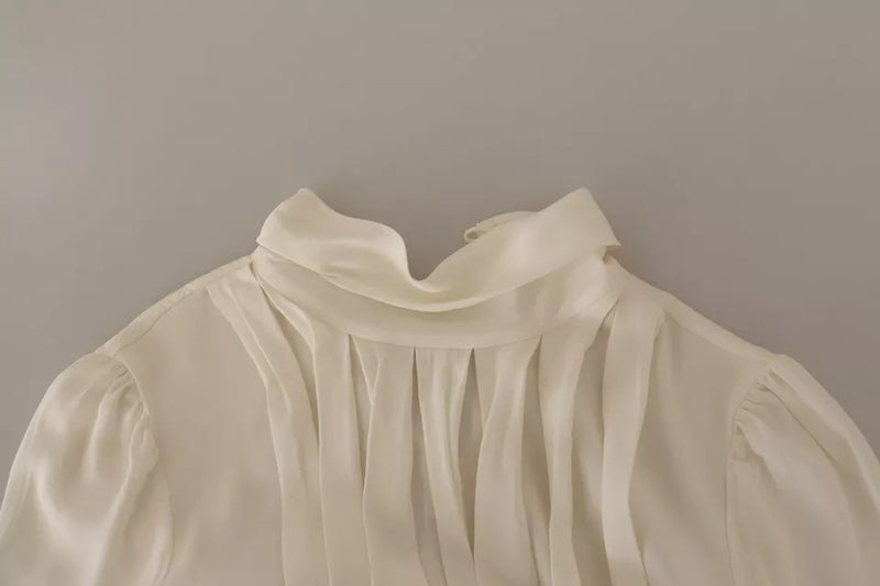 Dolce & Gabbana Top en Soie Off White à Col Roulé à Manches Longues