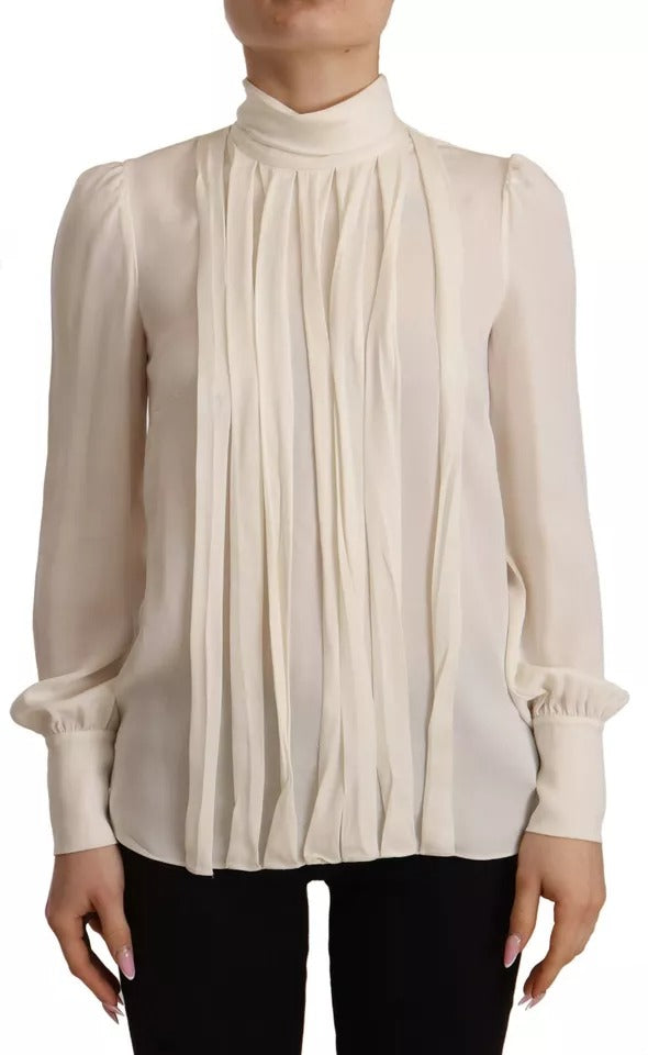 Dolce & Gabbana Top en Soie Off White à Col Roulé à Manches Longues