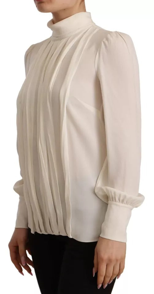 Dolce & Gabbana Top en Soie Off White à Col Roulé à Manches Longues
