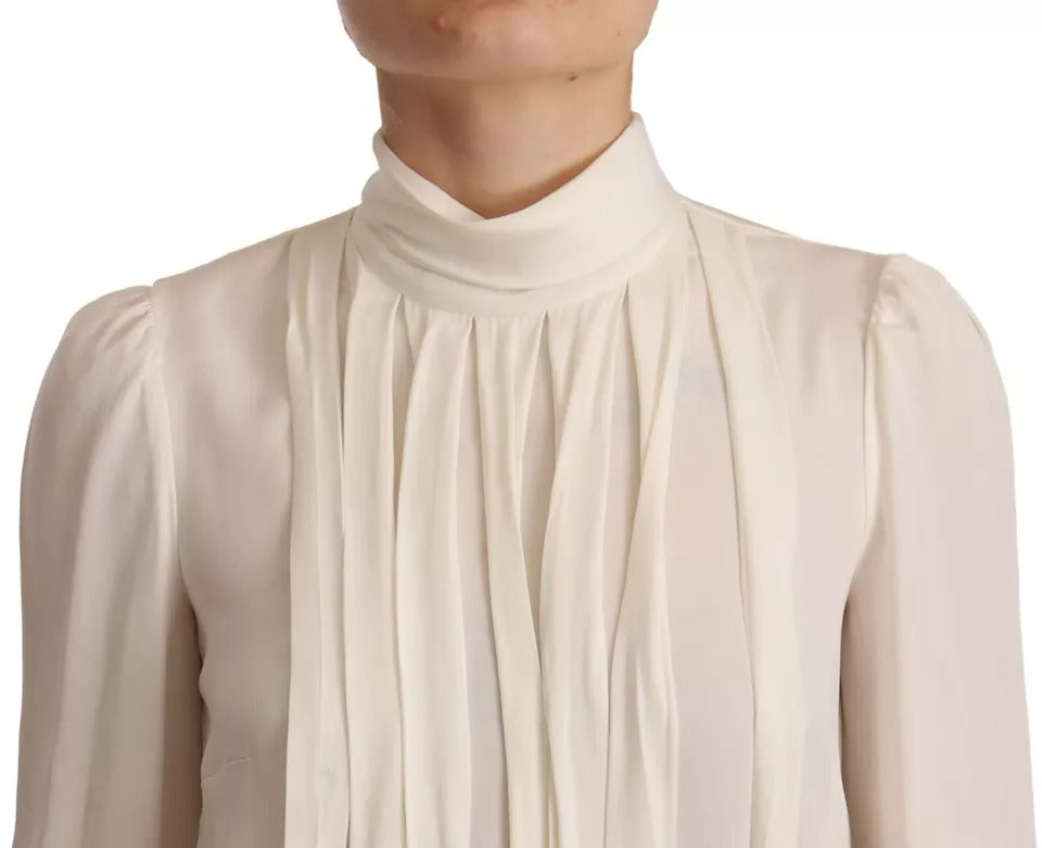 Dolce & Gabbana Top en Soie Off White à Col Roulé à Manches Longues