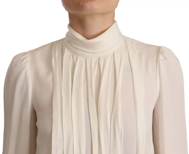 Dolce & Gabbana Top en Soie Off White à Col Roulé à Manches Longues