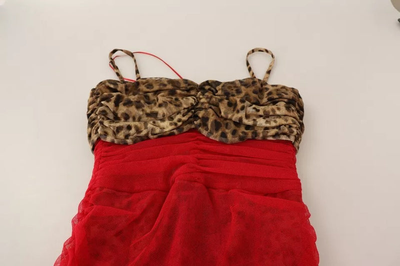 Dolce & Gabbana Robe Midi Tulle Rouge Léopard