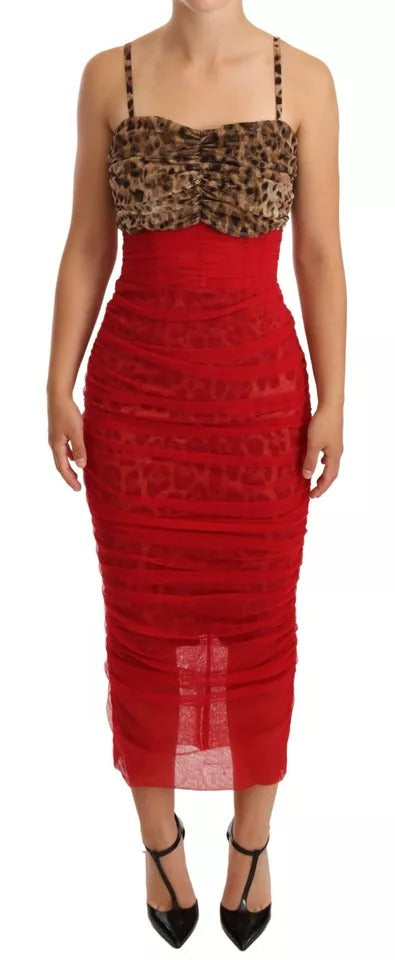 Dolce & Gabbana Robe Midi Tulle Rouge Léopard