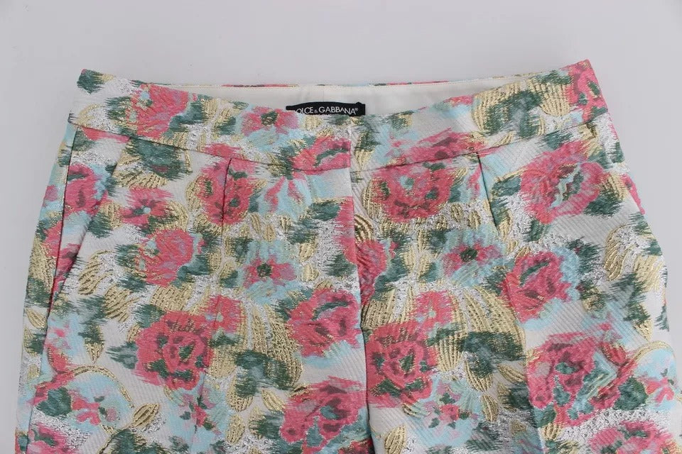 Dolce & Gabbana Pantalons Brocade Floral Blanc Rose
