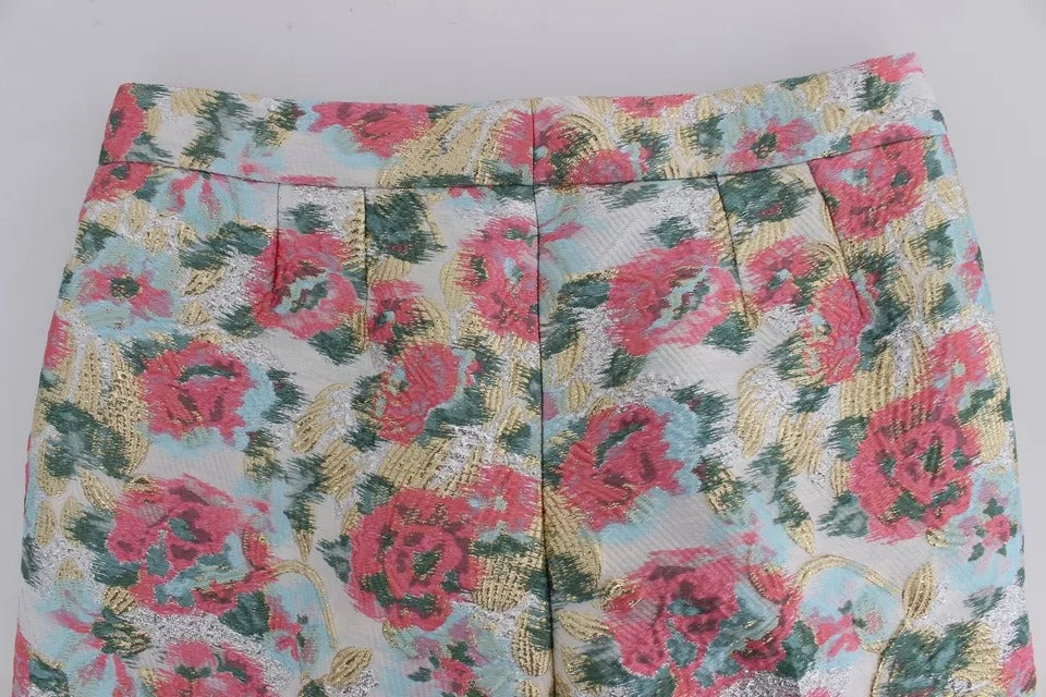 Dolce & Gabbana Pantalons Brocade Floral Blanc Rose