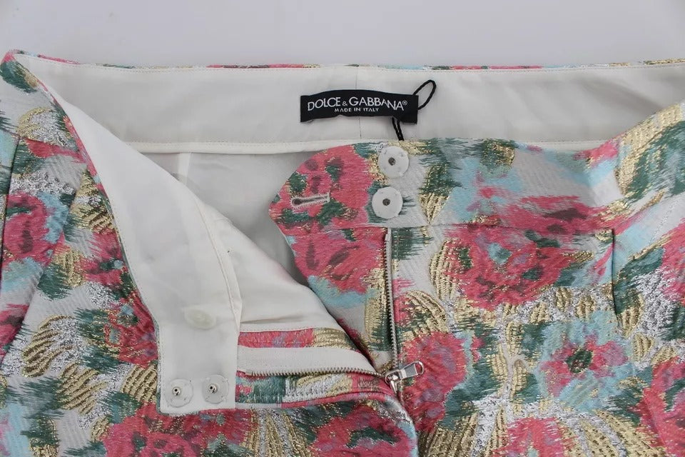 Dolce & Gabbana Pantalons Brocade Floral Blanc Rose