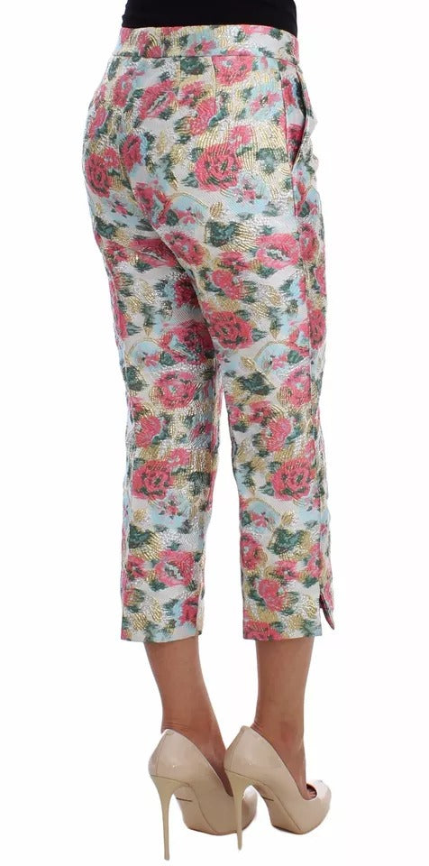 Dolce & Gabbana Pantalons Brocade Floral Blanc Rose