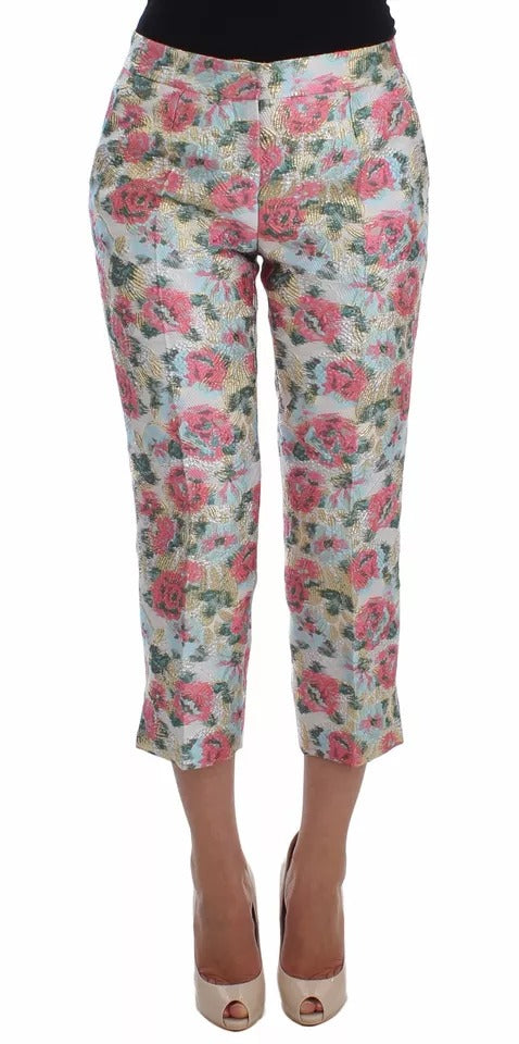 Dolce & Gabbana Pantalons Brocade Floral Blanc Rose