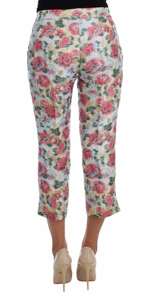Dolce & Gabbana Pantalons Brocade Floral Blanc Rose