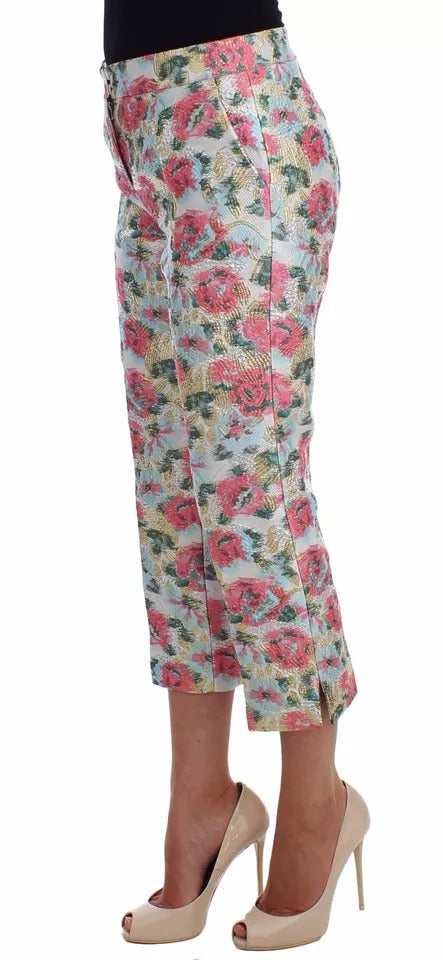 Dolce & Gabbana Pantalons Brocade Floral Blanc Rose