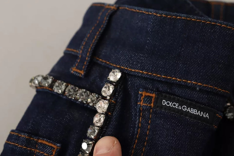 Dolce & Gabbana Dark Blue Embellished Denim Hot Pants Shorts