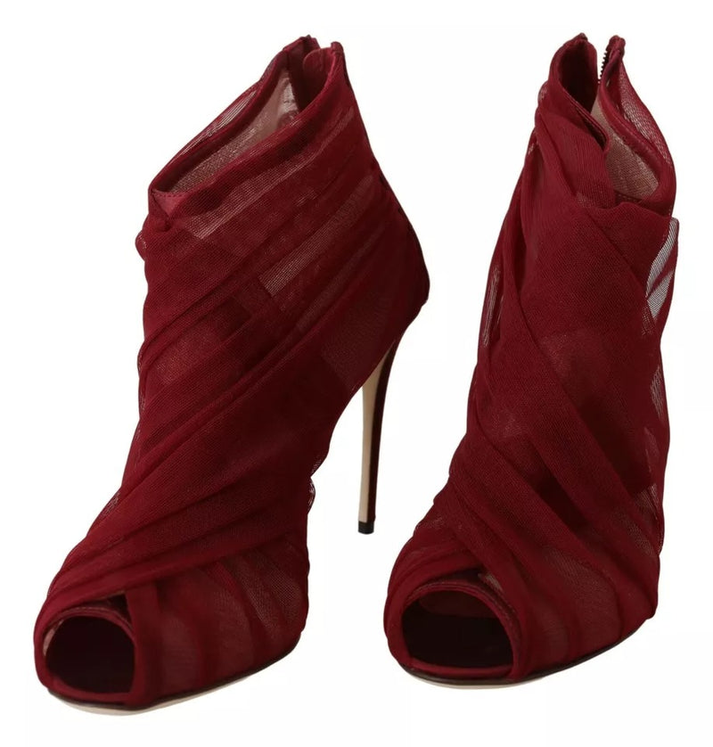 Dolce & Gabbana Red Tulle Ankle Boots with Stiletto Heels