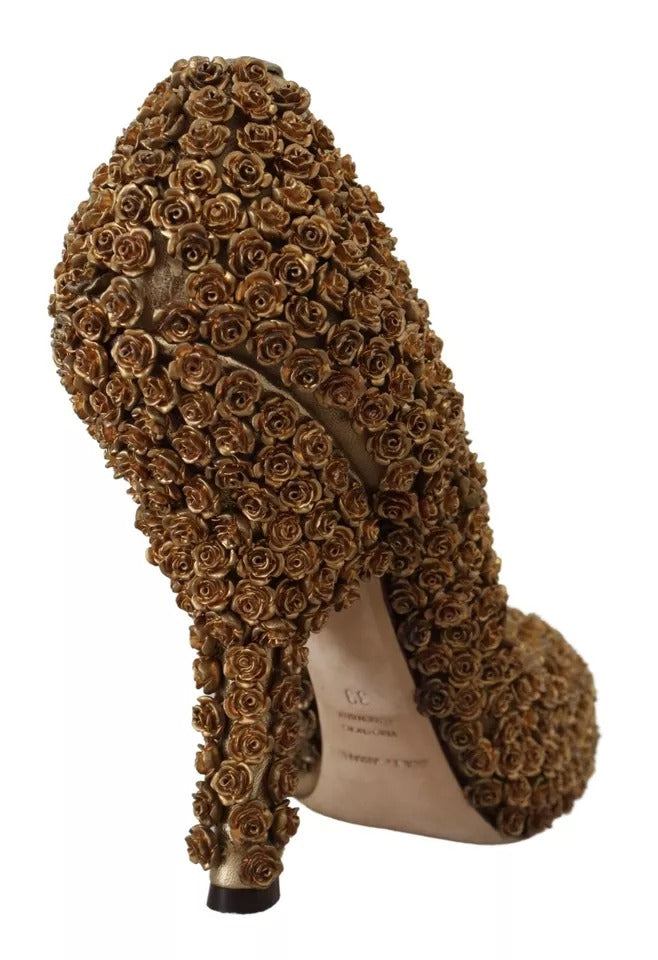 Dolce & Gabbana Gold Roses Embellished Heels Pumps