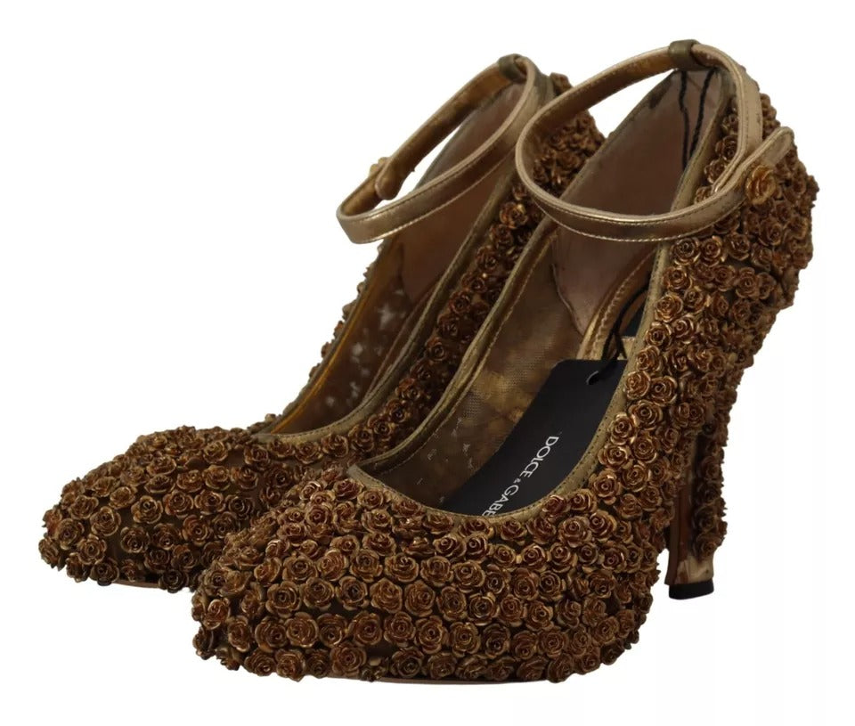 Dolce & Gabbana Gold Roses Embellished Heels Pumps