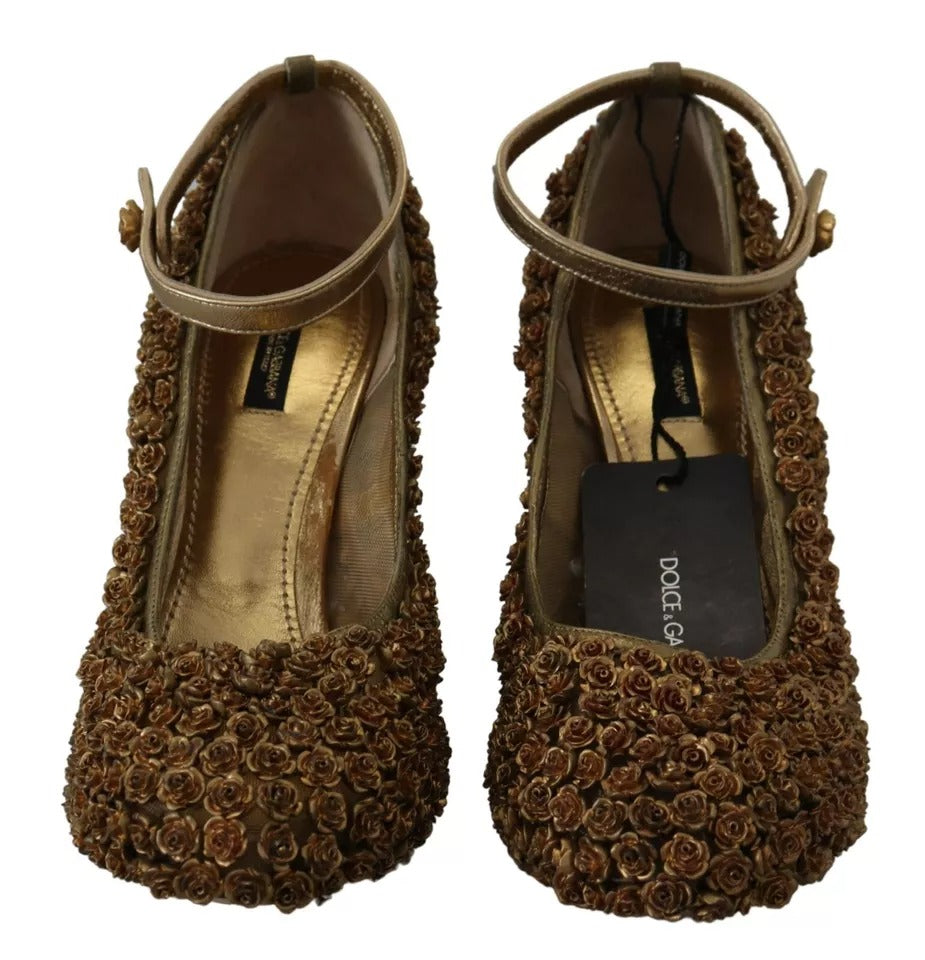 Dolce & Gabbana Gold Roses Embellished Heels Pumps