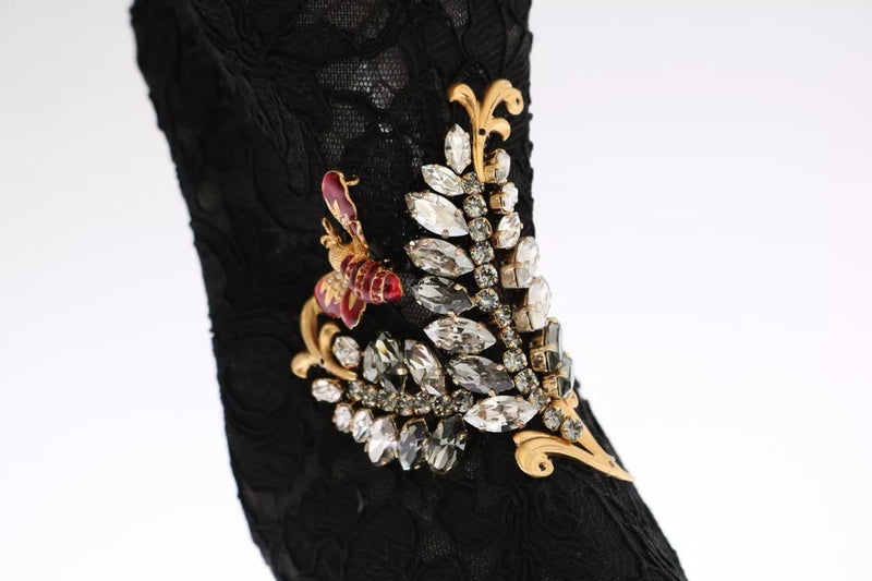Dolce & Gabbana Black Crystal Lace Booties Stilettos Shoes