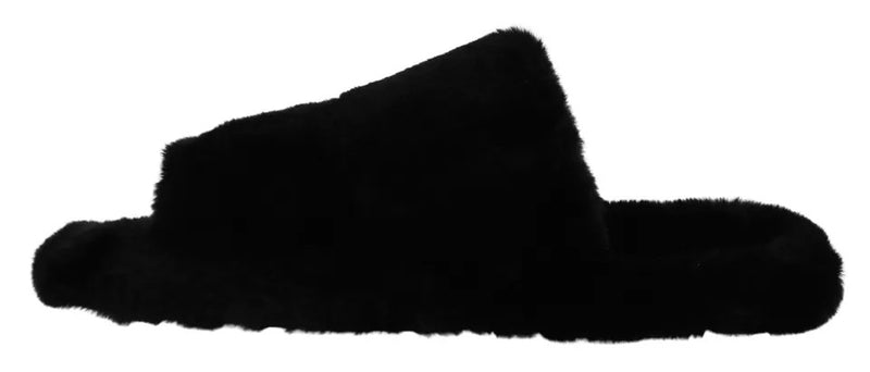 Dolce & Gabbana Black Polyester Faux Fur Men's Flats Sandals