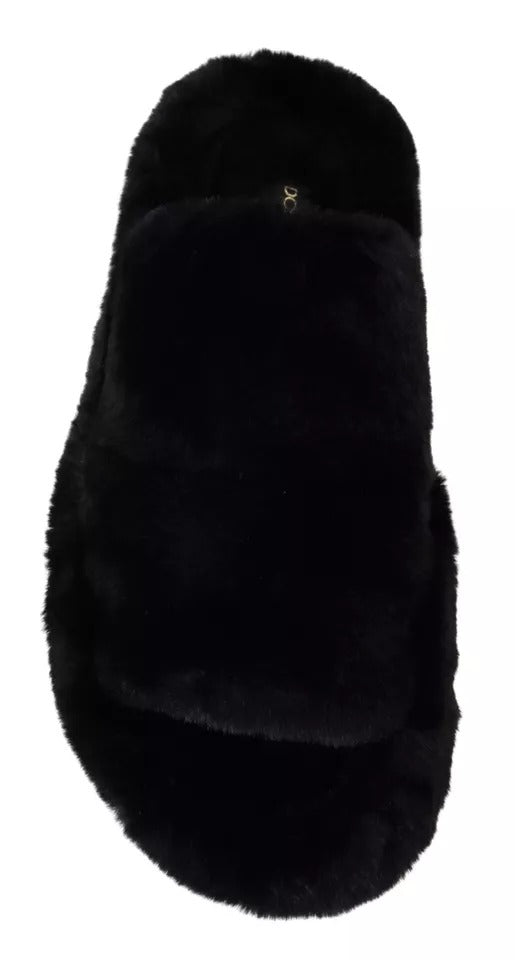 Dolce & Gabbana Black Polyester Faux Fur Men's Flats Sandals