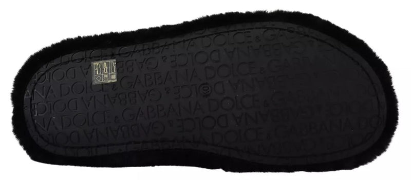 Dolce & Gabbana Black Polyester Faux Fur Men's Flats Sandals