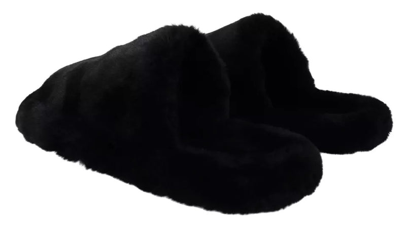Dolce & Gabbana Black Polyester Faux Fur Men's Flats Sandals