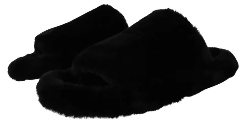 Dolce & Gabbana Black Polyester Faux Fur Men's Flats Sandals