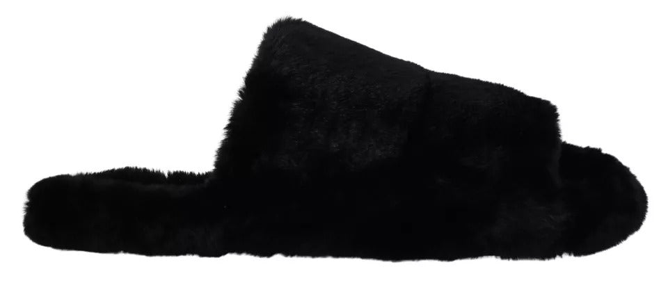 Dolce & Gabbana Black Polyester Faux Fur Men's Flats Sandals