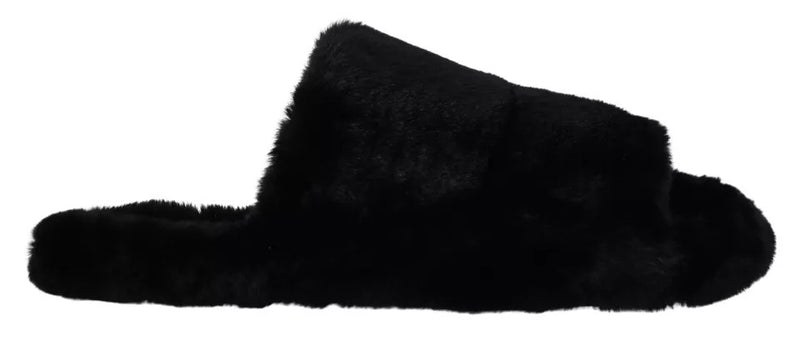 Dolce & Gabbana Black Polyester Faux Fur Men's Flats Sandals